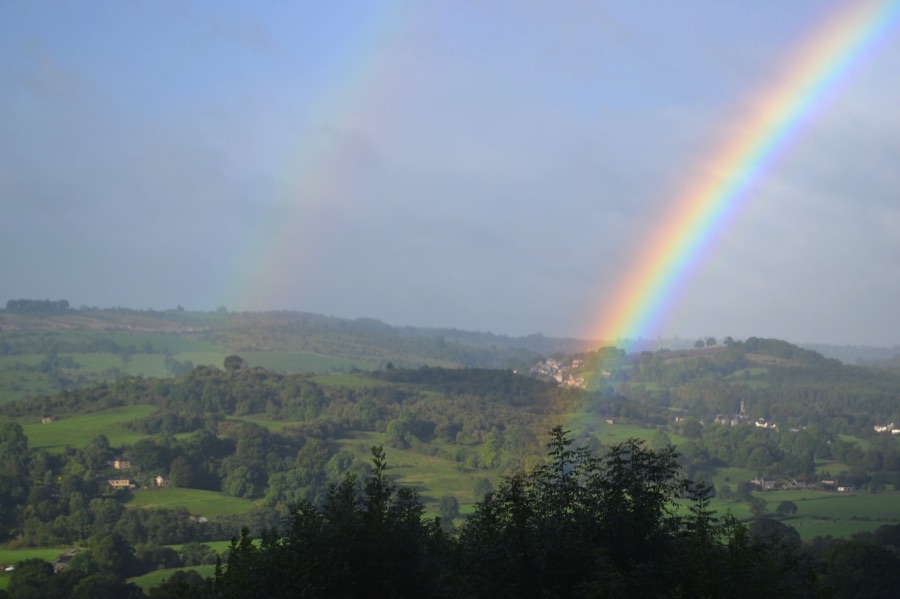 Rainbow over Peak District countryside